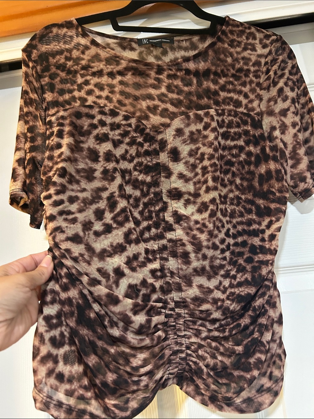 INC International Concepts Brown Leopard-Print Short Sleeve Top